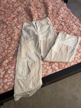 Patchwork Wide Leg Jeans in Cream